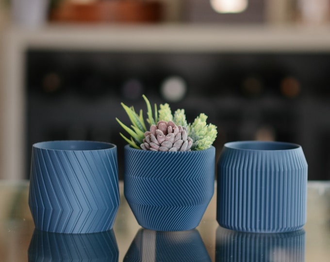 Set of 3 Small Indoor Planters, Geometric and Minimalist Pots, Pot for Succulent and Cactus, Beautiful Rich Matte Dark Blue Planter Gift