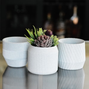Set of 3 Stone White Minimalist Planters, Geometric Pots for Herbs and Succulents, Stone Colored Planter, Plant Housewarming Gift