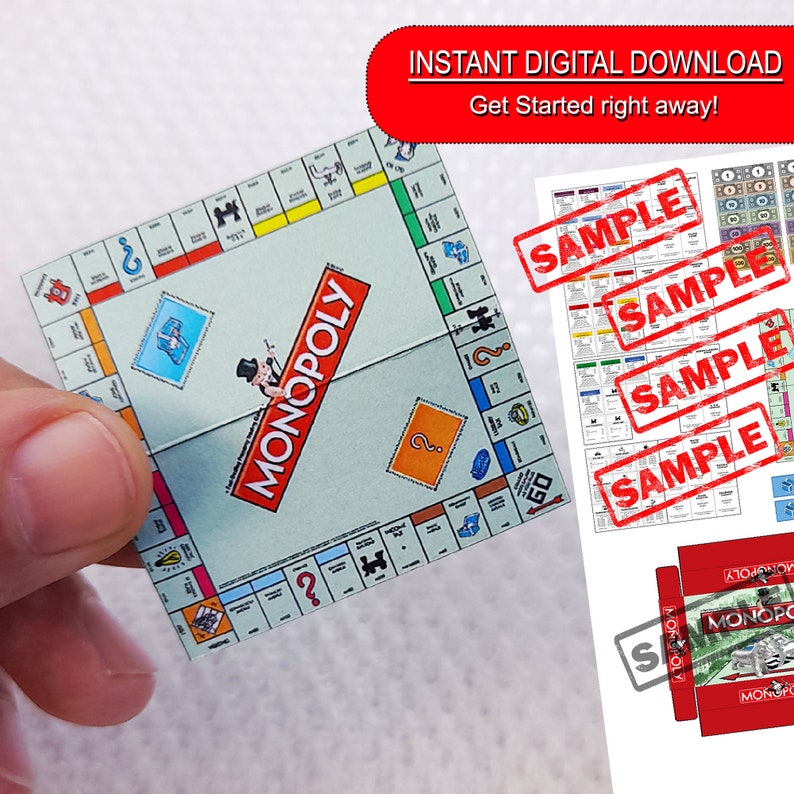 May include: Miniature Monopoly board game with red "Monopoly" text. The image also shows sample game pieces and the text "Instant Digital Download, Get Started right away!"