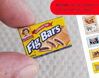 8 miniaturas de alimentos, itens de mercearia, download digital, modelos imprimíveis de caixas de biscoitos em miniatura.