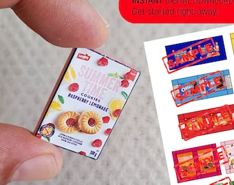 Modelo de caixa de comida em miniatura: biscoitos e salgadinhos para impressão (download digital)