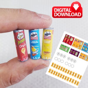 6 Style DIY Miniatur Pringes Kartoffelchips - Pakete Druckbare Miniatur-Download-Vorlagen