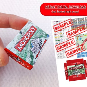 May include: A miniature Monopoly game box held by a finger. The box is red and green with the Monopoly logo and a graphic of the game's mascot. The image also includes sample game boards and the text "Instant Digital Download".