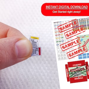 May include: Miniature Monopoly game components, including property cards and a game board, are displayed. The image also shows a red box with the Monopoly logo and the text "Instant Digital Download".