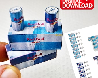 Mini RedBull Can & Box Template Set | Miniature Dollhouse Drinks | Digital Download File Miniature Templates