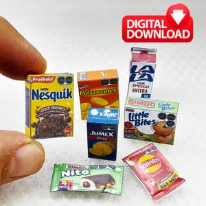 May include: Miniature food items including a Nesquik box, a box of Polvorones, a Jumex juice box, a Bimbo Little Bites box, a Bimbo Nito snack, a Sabritas snack bag, and a milk carton. The image includes the text "DIGITAL DOWNLOAD".