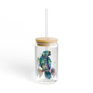 Copo de vidro elegante Parrot de 16 onças com tampa de bambu The Nerdy Birder
