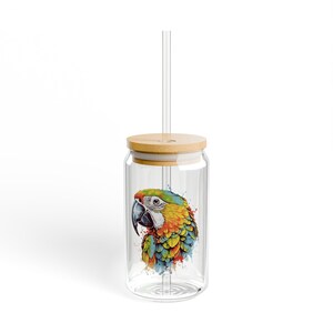 Copo de vidro com tampa de bambu The Nerdy Birder Colorful Parrot de 16 oz