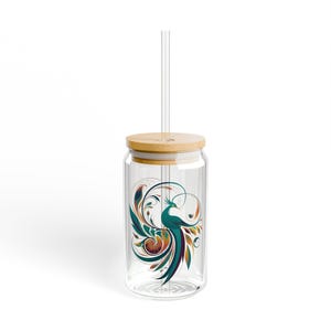 Copo de vidro Nerdy Birder Elegant Peacock de 16 onças com tampa de bambu
