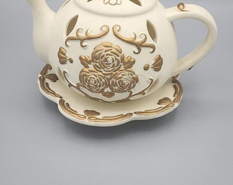 Partylite Tea Time Teapot Tealight Holder Ivory With Gold Roses Pre-owned