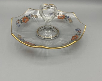 Floral Depression Hand Painted Glass Tidbit Tray Server w/ Handle