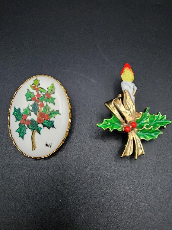 Lot Of 2 Holiday Brooches Signed  Holly Image and 