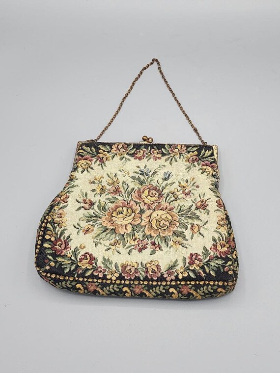 Antique 1930's Floral Needlepoint Tapestry Purse-… - image 1