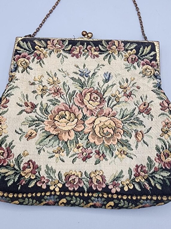 Antique 1930's Floral Needlepoint Tapestry Purse-… - image 2