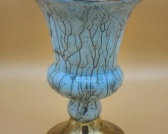 Vintage Vase Aqua Blue Marbled Ceramic Brass Base Portugal