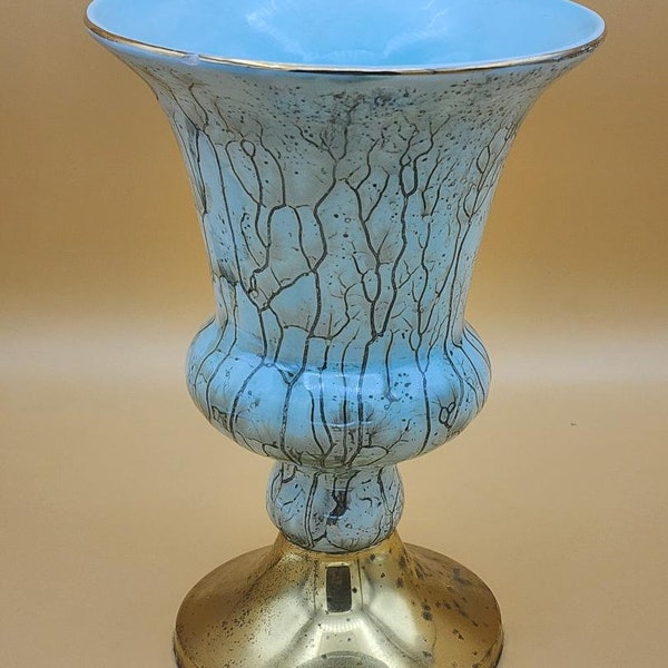 Vintage Vase Aqua Blue Marbled Ceramic Brass Base Portugal