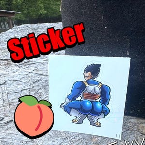 May include: A sticker featuring a cartoon character in a blue and white outfit, with the word "Sticker" in red. Also includes a peach graphic and text that reads "Thank You!! for Supporting a disabled artist."