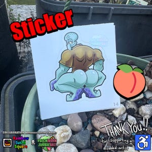 May include: A white sticker featuring a cartoon character with a muscular build, wearing a brown shirt and light blue skin. The sticker has the word "Sticker" in red and the number "14". The sticker is a collaboration between sister shops.