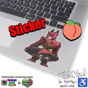 Pode incluir: Um adesivo com um personagem de desenho animado com uma roupa vermelha e preta com um coração rosa e branco no peito. O adesivo está em um computador portátil com um adesivo de pêssego ao lado. O texto "Sticker" está em letras vermelhas no computador portátil. O texto "PATCHWORK ZOMBIE ART" está no adesivo. O texto "THANK YOU!!" está em letras vermelhas no computador portátil. O texto "for supporting a disabled artist" está em letras pretas no computador portátil. O texto "COLLABORATION between sister shops: Rainbow Sushi Square & PATCHWORK ZOMBIE ART" está em letras pretas no computador portátil.