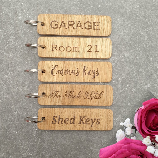 Large Personalised Oak Keyring, Custom Key Fob, Door, Shed Garage, Flat, Hotel, Air BnB, New Home Gift, Stocking Filler.