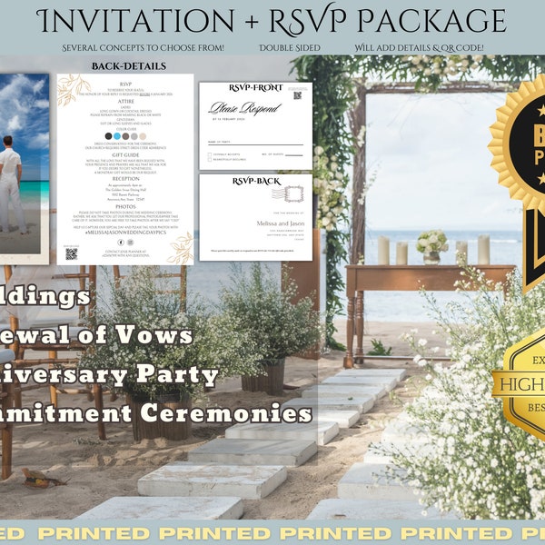 PRINTED Double-Sided Customized Invitation Package (w. Envelope+RSVP Mailer+QR Code) Wedding Anniversary Renewal of Vows Commitment Ceremony