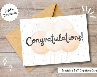 Printable Congratulations Card, Digital Download, Congrats, Baby Shower, Graduation, New Job, Encouragement, Blank Inside, Print at Home
