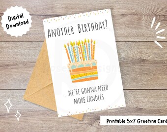 May include: Printable 5x7 greeting card with a colorful birthday cake and candles. The text reads "Another birthday? ...We're gonna need more candles."