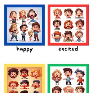 May include: A colorful illustration of children's faces expressing different emotions. The top left image shows children with happy expressions, the top right image shows children with excited expressions, the bottom left image shows children with surprised expressions, and the bottom right image shows children with scared expressions. The words "happy", "excited", "surprised", and "scared" are written below each image.