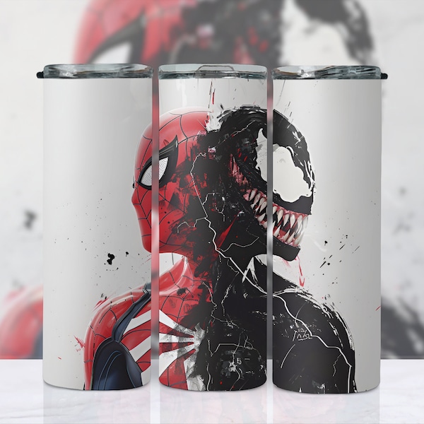 Superhero Spiderman and Venom Watercolor Illustration 20oz Skinny Tumbler Wrap, Sublimation Design, Instant Digital Download PNG