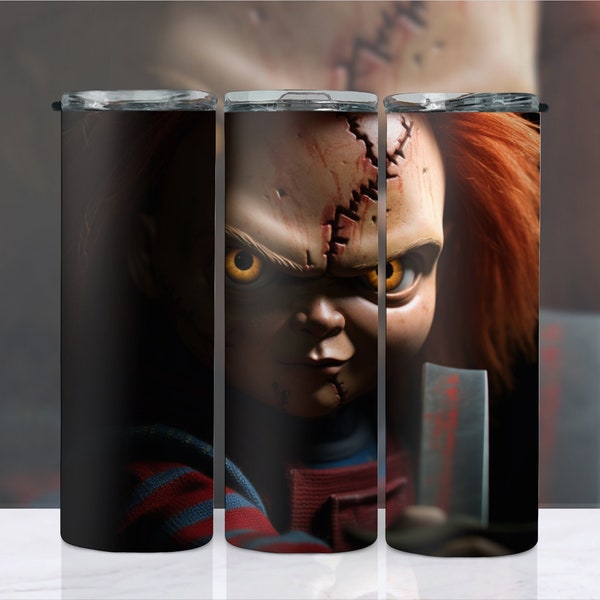 Chucky from Child's Play, Halloween Style Cinematic Illustration 20 oz Skinny Tumbler Wrap, Sublimation Design, Instant Digital Download PNG