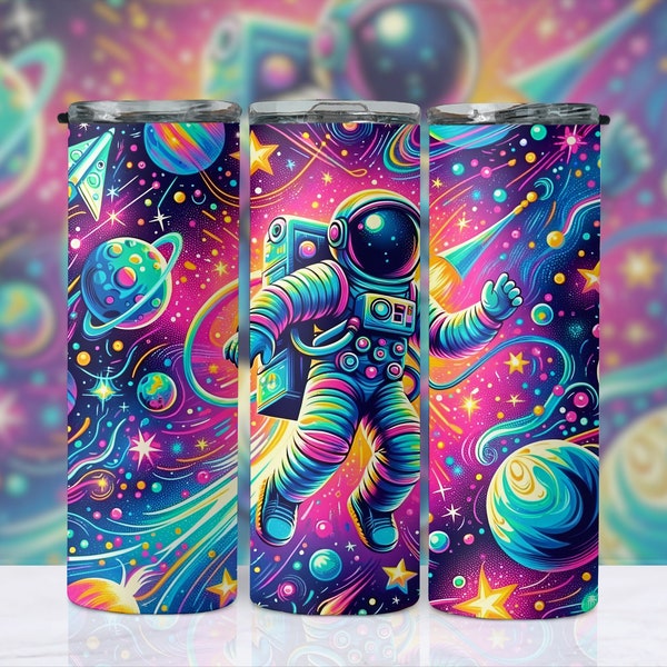 Cosmic Astronaut Neon Space Pattern 20oz Skinny Tumbler Wrap, Rockets, Stars and Planets Designs, Sublimation Tumbler, Instant Download PNG