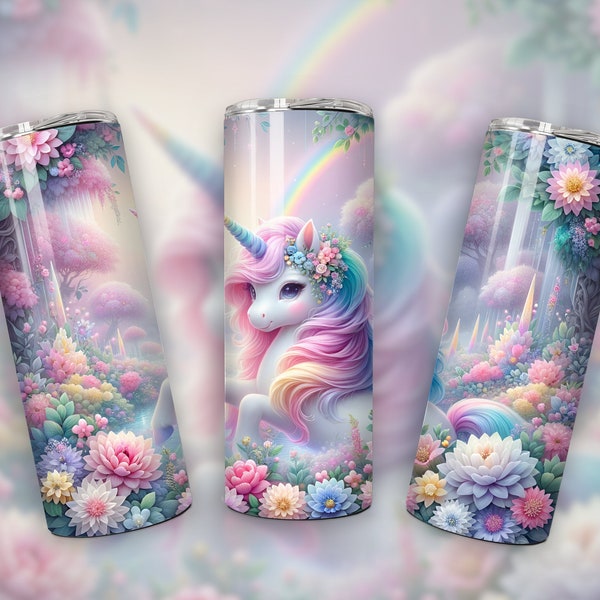 Mystical Unicorn Whimsical Floral Garden 20oz Skinny Tumbler Wrap, Whimsical Unicorn, Sublimation Tumbler Design, Download PNG, Tumbler PNG