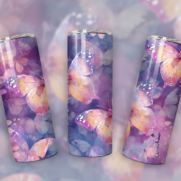 Ethereal Butterfly Pattern Seamless 20oz Skinny Tumbler Wrap, Whimsical Butterflies, Sublimation Tumbler Design, Instant Download PNG