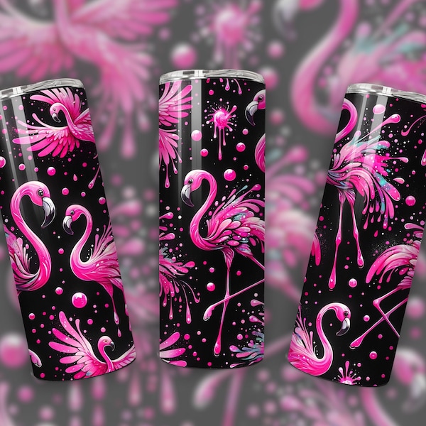 Neon Pink Flamingos Ink Pattern 20oz Skinny Tumbler Wrap, Whimsical Flamingos, Sublimation Tumbler Design, Download PNG, Tumbler Wrap PNG