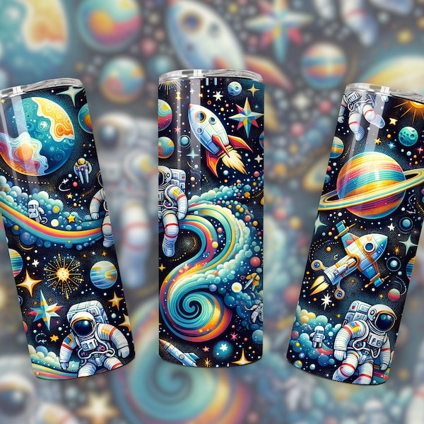 Cosmic Space Pattern 20oz Skinny Tumbler Wrap, Astronaut, Rockets, Stars and Planet Designs, Sublimation Tumbler, Download PNG, Tumbler PNG