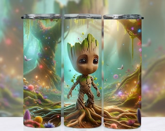 Baby Groot Whimsical Illustration 20oz Skinny Tumbler Wrap, Marvel, Guardians of the Galaxy, Sublimation Tumbler Design, Download PNG