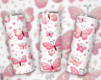 Pink Butterfly Whimsical Pattern 20oz Skinny Tumbler Wrap, Whimsical Butterflies, Sublimation Tumbler Design, Download PNG, Tumbler Wrap PNG