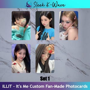 May include: A set of five rectangular ILLIT It's Me custom fan-made photocards featuring individual portraits of group members. The cards display various poses and outfits, including a member with an eye patch and a member holding a small bear plush.