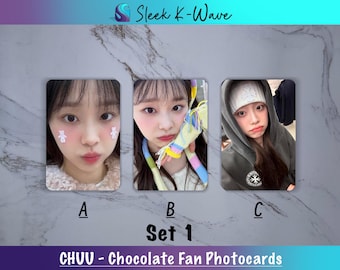 May include: Three photocards featuring a young woman with different hairstyles and outfits. The photocards are labeled A, B, and C. The text "CHUU - Chocolate Fan Photocards" and "Set 1" are also visible.
