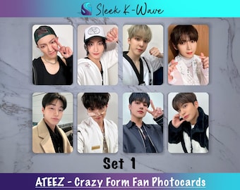 May include: Set of eight photocards featuring members of the K-pop group ATEEZ. The photocards are in a variety of poses and expressions. The text "ATEEZ - Crazy Form Fan Photocards" and "Set 1" are printed on the bottom of the image.