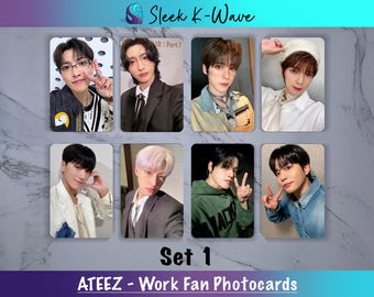 May include: Set of eight ATEEZ Work Fan photocards. Each card features a different member of the K-pop group, with various poses and outfits. The cards are rectangular with rounded corners, set against a marble-like background.