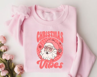 Retro Christmas Sweatshirt, Funny Pink Santa Sweatshirt, Cute Christmas Girls Sweatshirt, Christmas Graphic Tee, Womens Holidays Santa Shirt