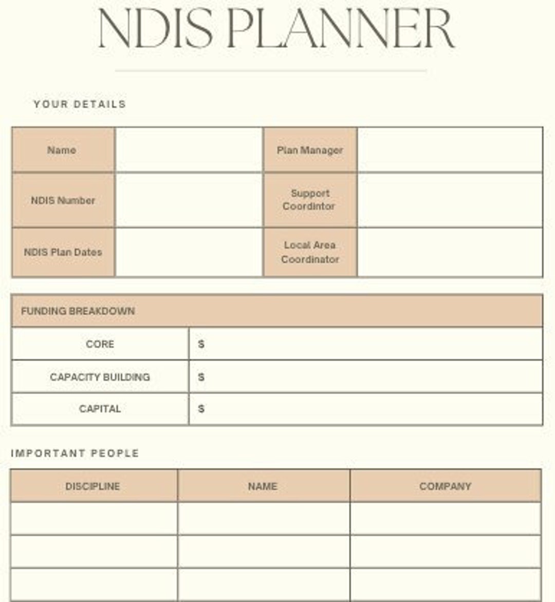 NDIS Planner Cheat Sheets, Organisation, Therapy Planning and Funding