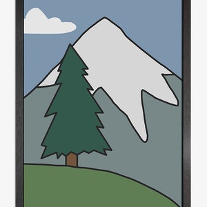 May include: A framed illustration of a mountain range with a single evergreen tree in the foreground. The mountain peaks are white, suggesting snow, and the sky is a light blue with a single white cloud. The mountains are outlined in black, and the tree is green with a brown trunk.