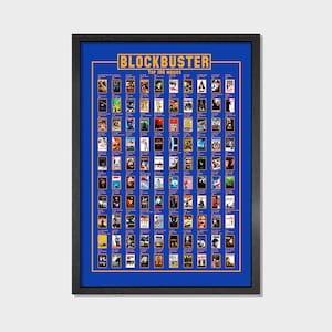 Könnte beinhalten: Ein gerahmtes Poster mit blauem Hintergrund, gelbem Rand und dem Text "BLOCKBUSTER TOP 100 MOVIES". Das Poster zeigt eine Rasteransicht von Filmplakaten. Der Rahmen ist schwarz.
