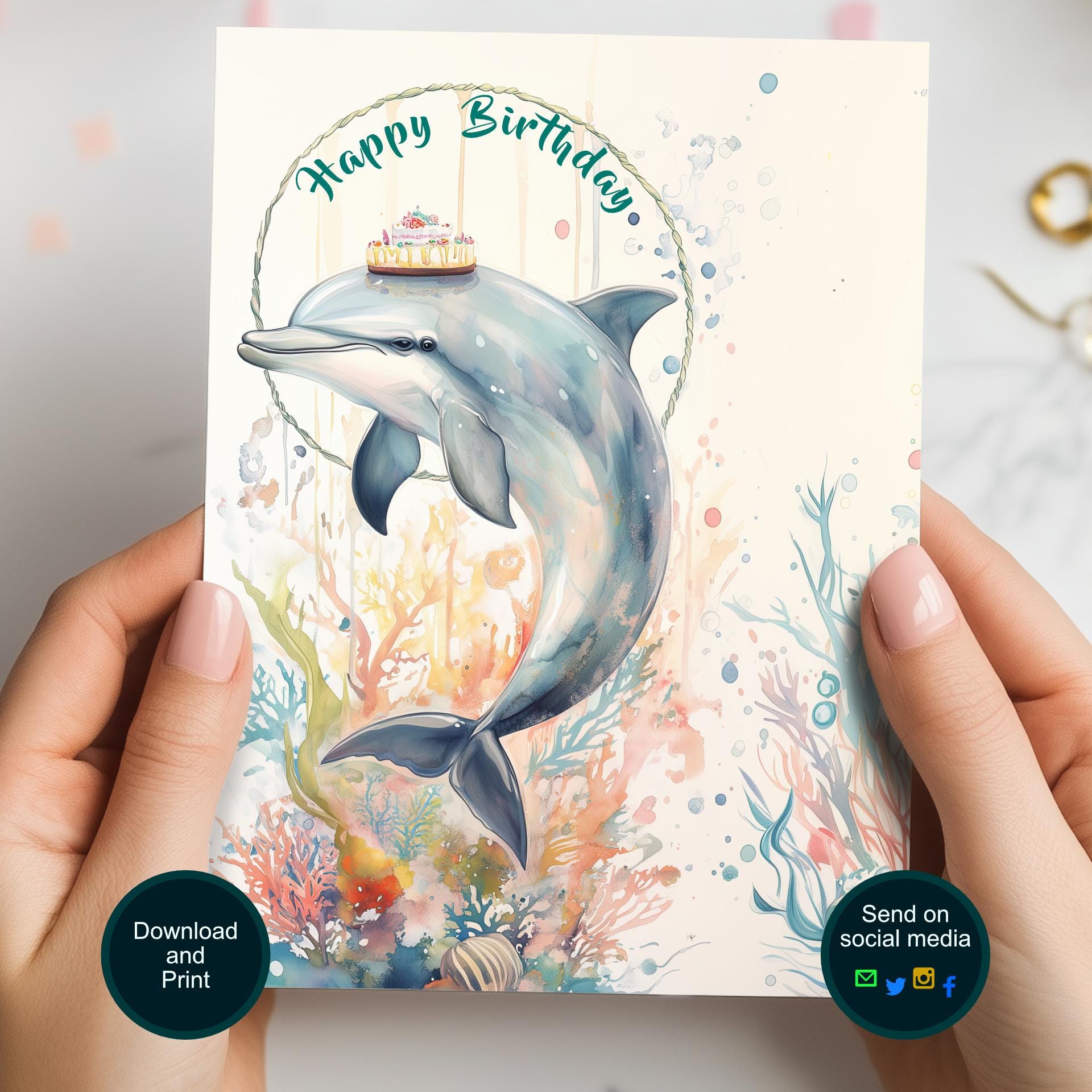Dolphin Birthday Card – Animated Ecard, Printable 5x7 (digital Download ...