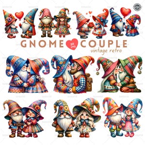 Conjunto de clipart de casal de gnomos retrô, gnomos românticos fofos, PNG, arte digital de amantes de gnomos do dia dos namorados, amor gnomo png,