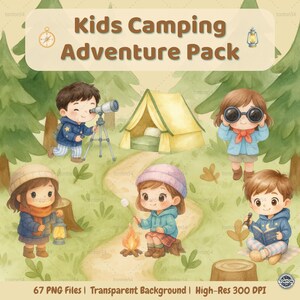 Pacchetto di clipart ad acquerello per bambini in campeggio - 67 PNG di adorabili avventure all'aria aperta per adesivi, apprendimento e lavoretti a tema natura