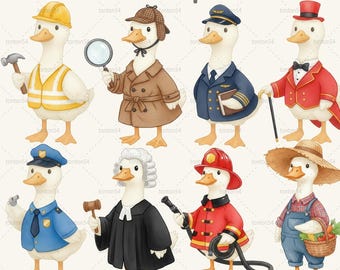 Può includere: Illustrazione ad acquerello con oche vestite con varie professioni, tra cui un operaio edile, un detective, un pilota e un giudice. L'immagine include il testo "Goose Occupations" e dettagli sui file.