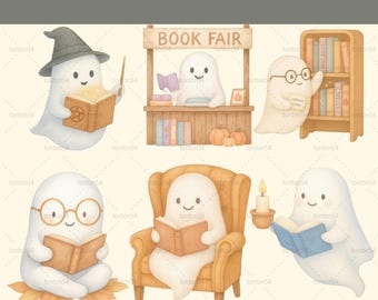 May include: Watercolor illustrations of friendly ghosts engaged in reading activities. The images include ghosts reading books, one wearing a witch hat, and another at a book fair. The text "SPOOKY BOOK CLUB GHOSTS" is at the top.